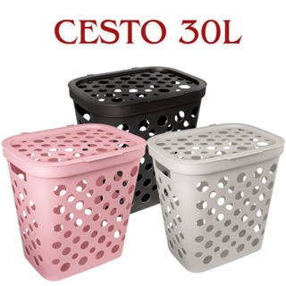 Cesto Telado 30 Litros com Tampa e Alça Cesto de Roupa Suja Banheiro Lavanderia - Usual Utilidades em Oferta na Shopee