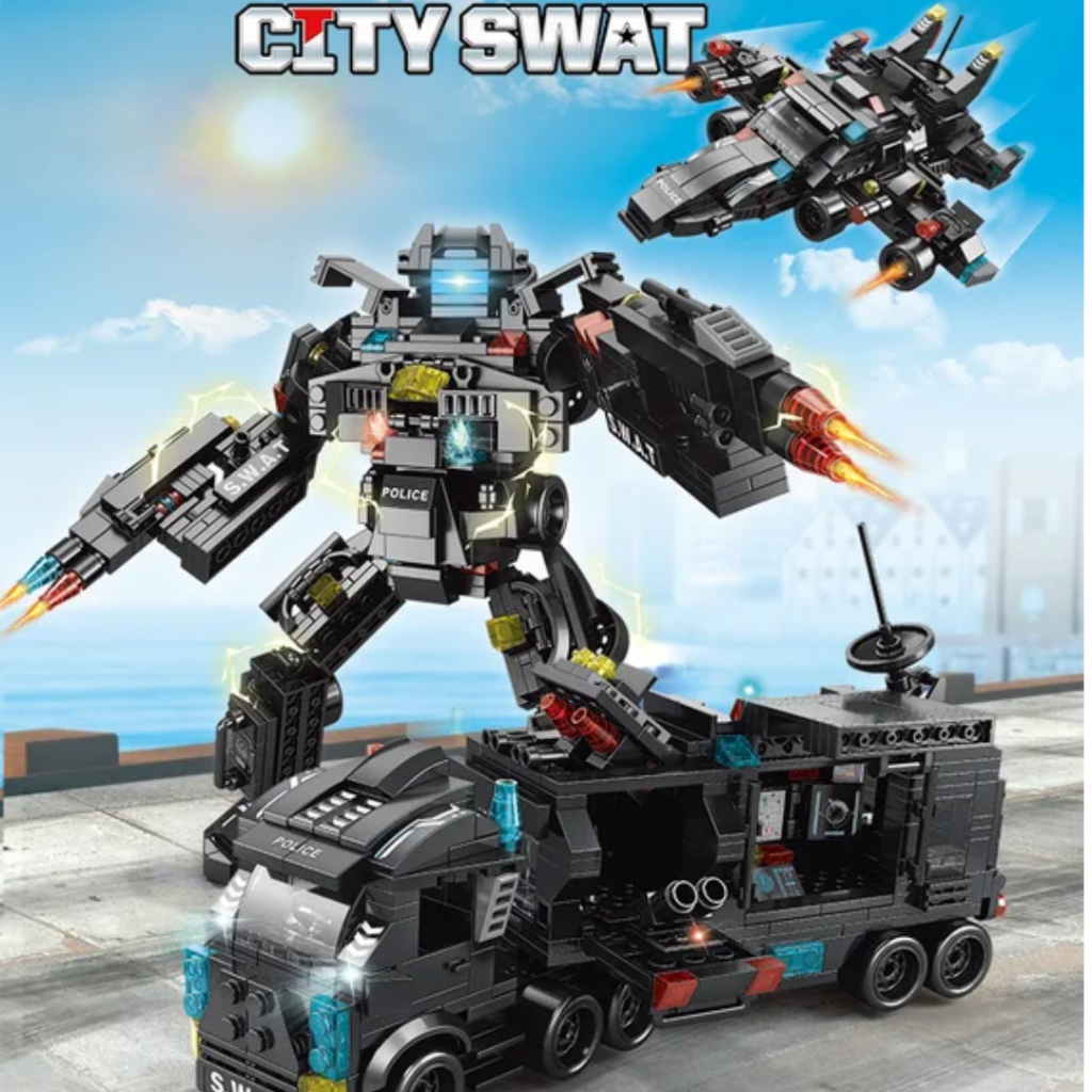 Brinquedo educativo de montar  MEGA CAMINHÃO DA POLÍCIA SWAT ou MEGA ROBÔ, MEGA AVIÃO + VEÍCULOS mais de 500 peças brinq
