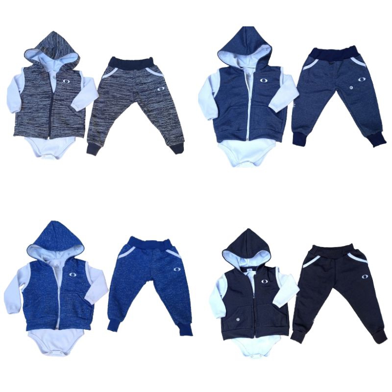 Kit colete + calça + body bebê 100% algodão - menino na moda em Oferta na Shopee