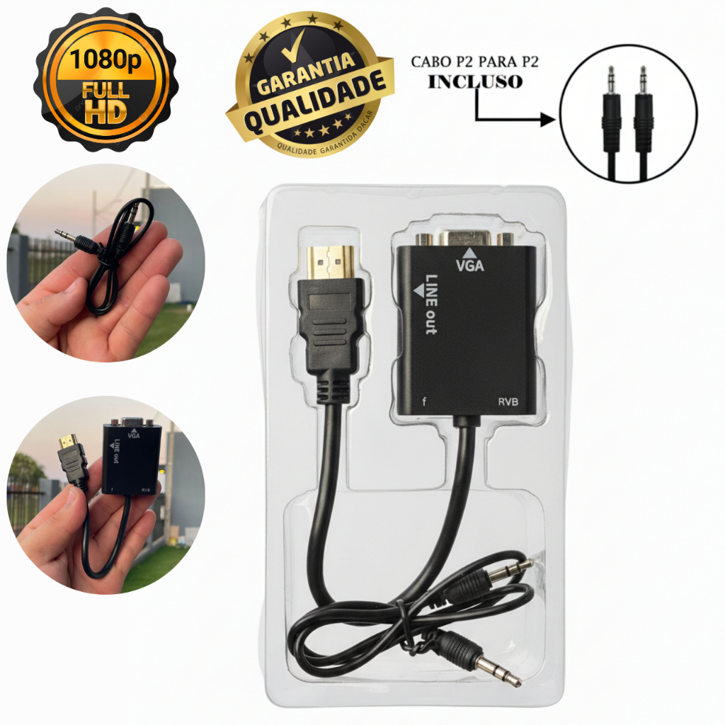 Cabo Adaptador Hdmi Para Vga Áudio E Vídeo 1080P Projetor De Monitor C/ Saída P2 Áudio