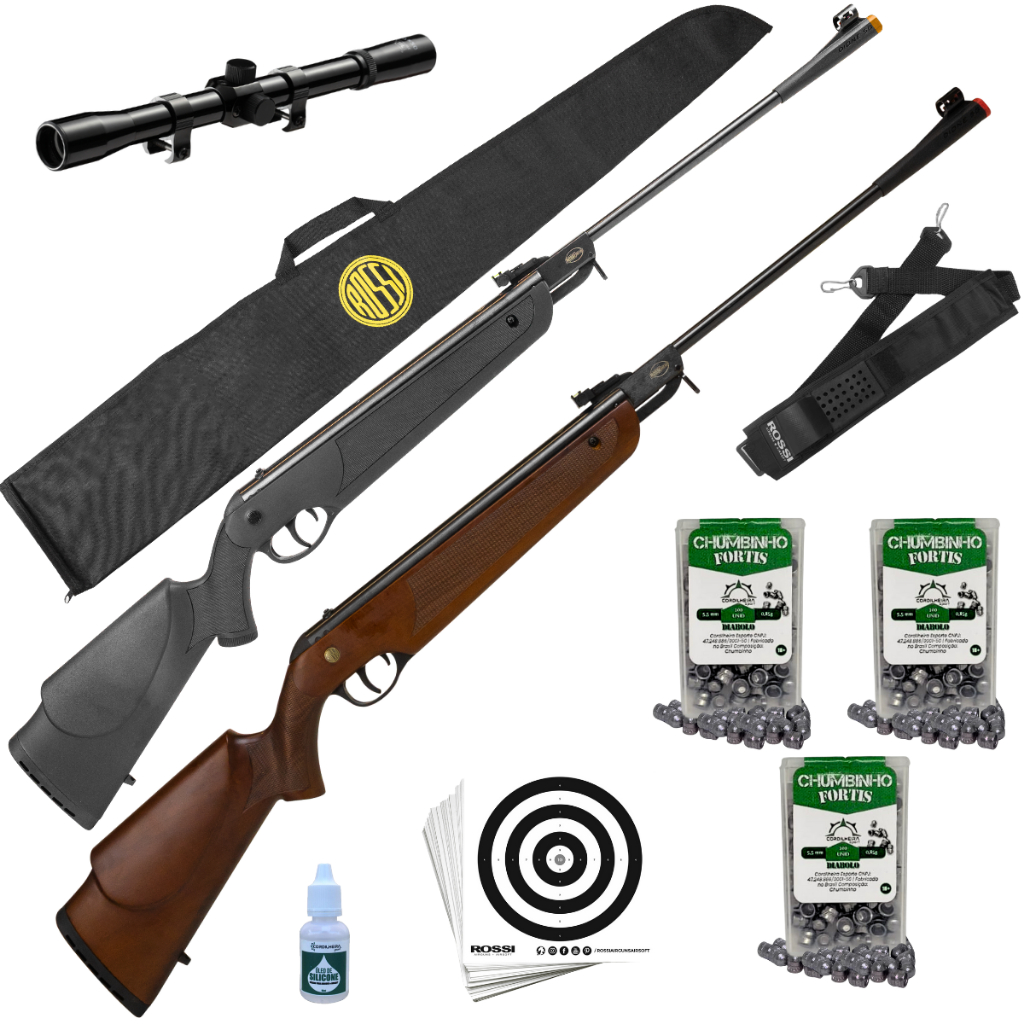 Carabina de Pressão Rossi GásRam Dione 5G Polímero ou Madeira 5,5mm +300 Chumbinhos+01Luneta 4x20+01Capa+01Bandoleira