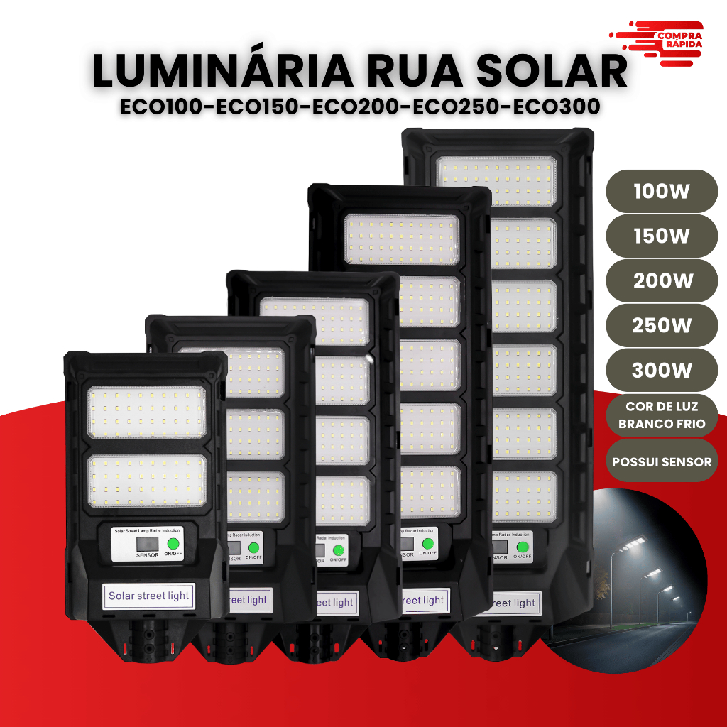 Poste Rua Solar Led 100w/150w/200w/250w/300w C/ Sensor ECO Luminária Pública