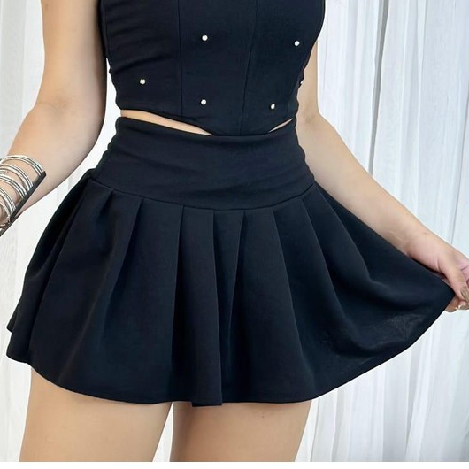 Short Saia Feminino Godê Plissado Na Malha Scuba Premium Casual  - Veste do 38 ao 44 Moda Verão