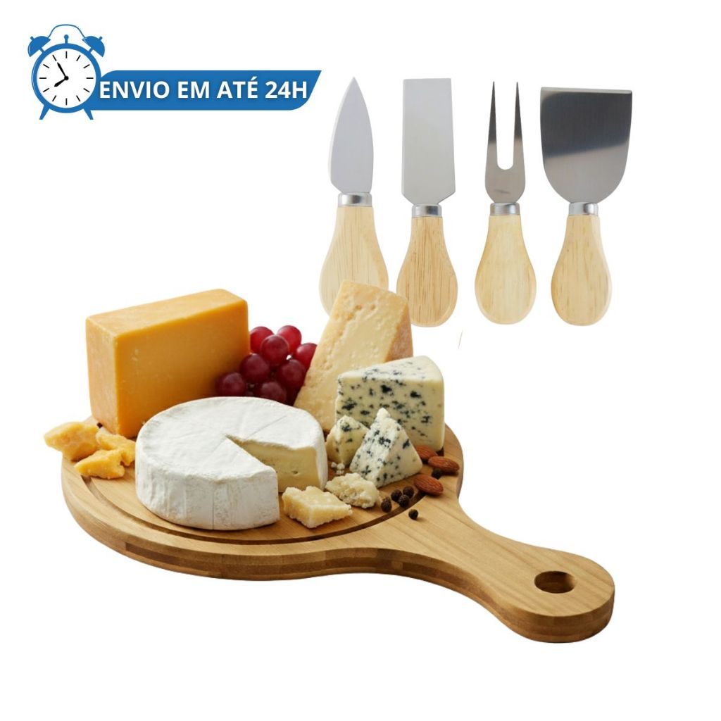 Conjunto para Queijo Tábua Petisqueira Bambu Gamela e 4 Utensílios Inox Queijeira