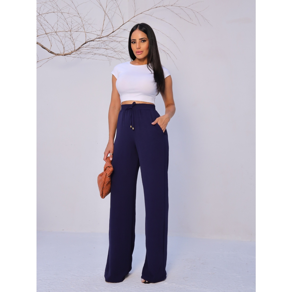 Detalhes do Calça Pantalona Feminina Cós Alto Bolsos Casual Premium