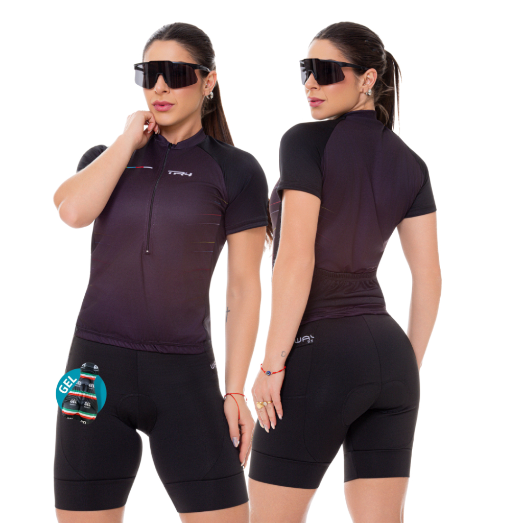 Roupa Ciclista Feminino Mulher Camiseta Proteção Uv Bermuda Acolchoada Gel Bike Pedalar Mtb