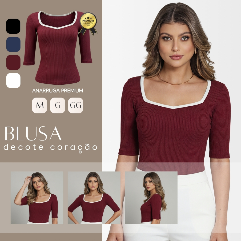 Blusa Feminina Decote Coração Manga 3/4 Tecido Anarruga Premium M ao GG em Oferta na Shopee