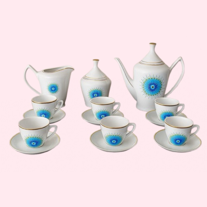 conjunto completo Café de Manhã com pinturas de olho nazar Porcelana Pozzani Jundiaí Pçs 14.