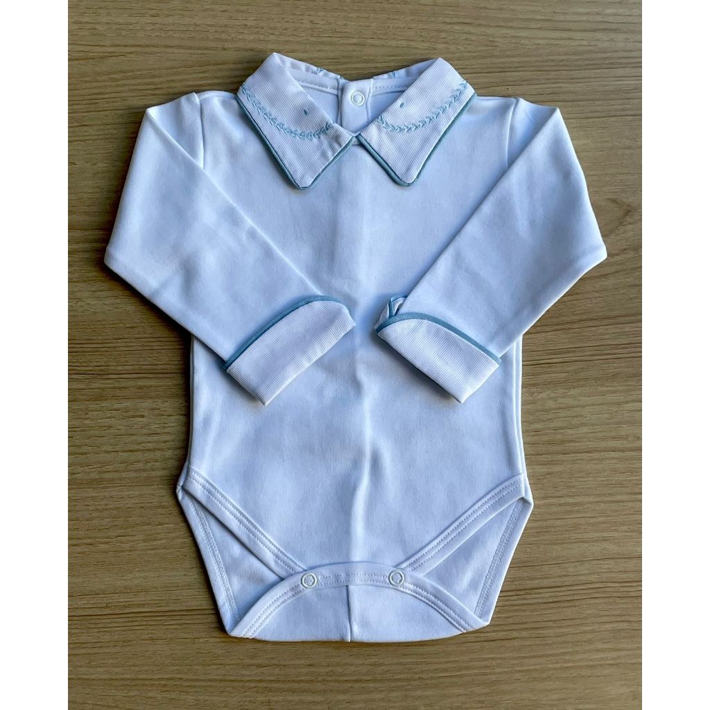Body Camisa Branco 100% Algodão / Bordado Roma Azul Bebê