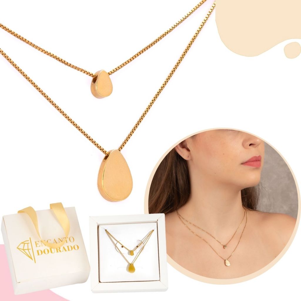 Colar Duplo Banhado A Ouro 18k + Pingente Gota Com Embalagem Para Presente