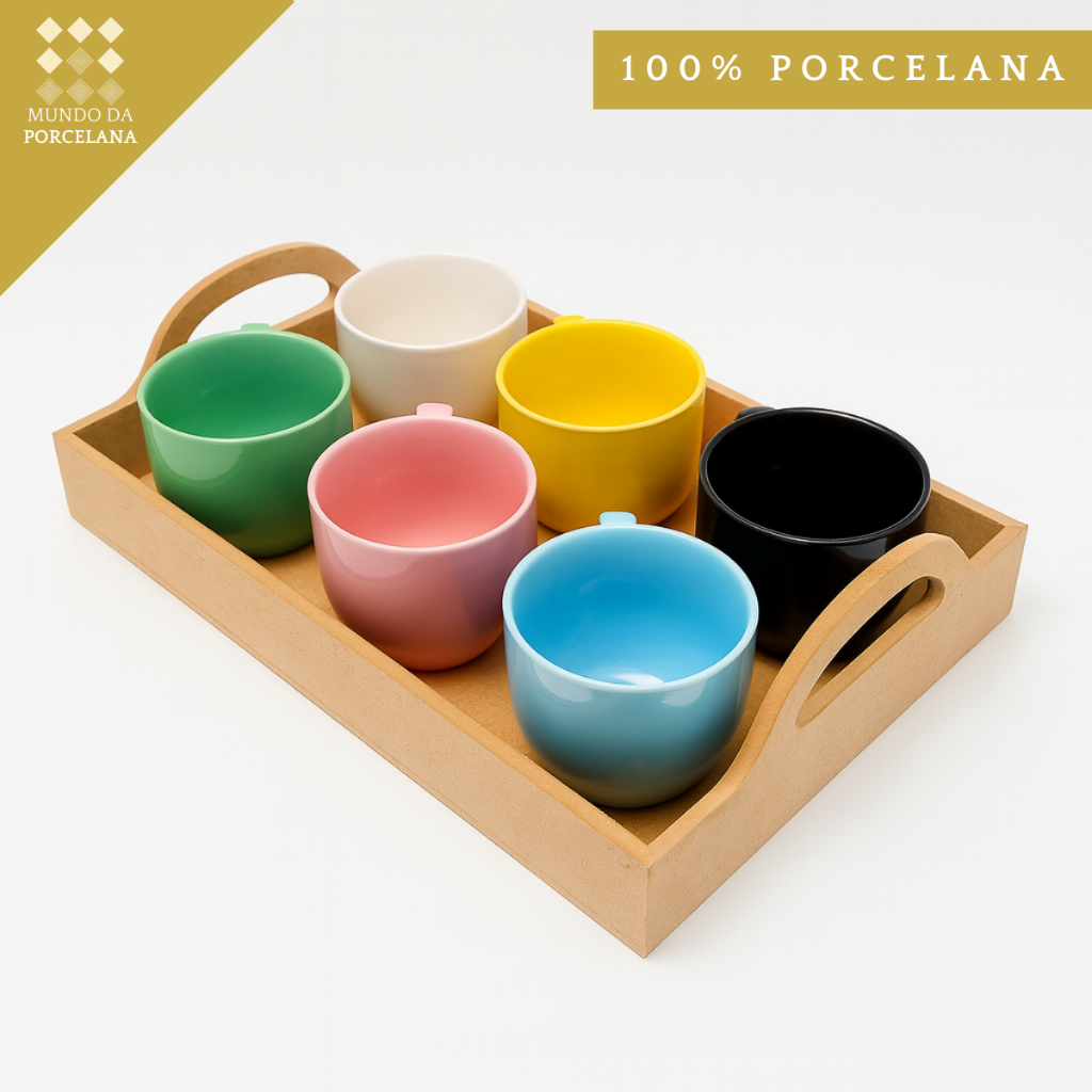 Jogo De Xícara Café Porcelana Colorida Kit Xicaras Com Bandeja Mdf Cantinho Do Café