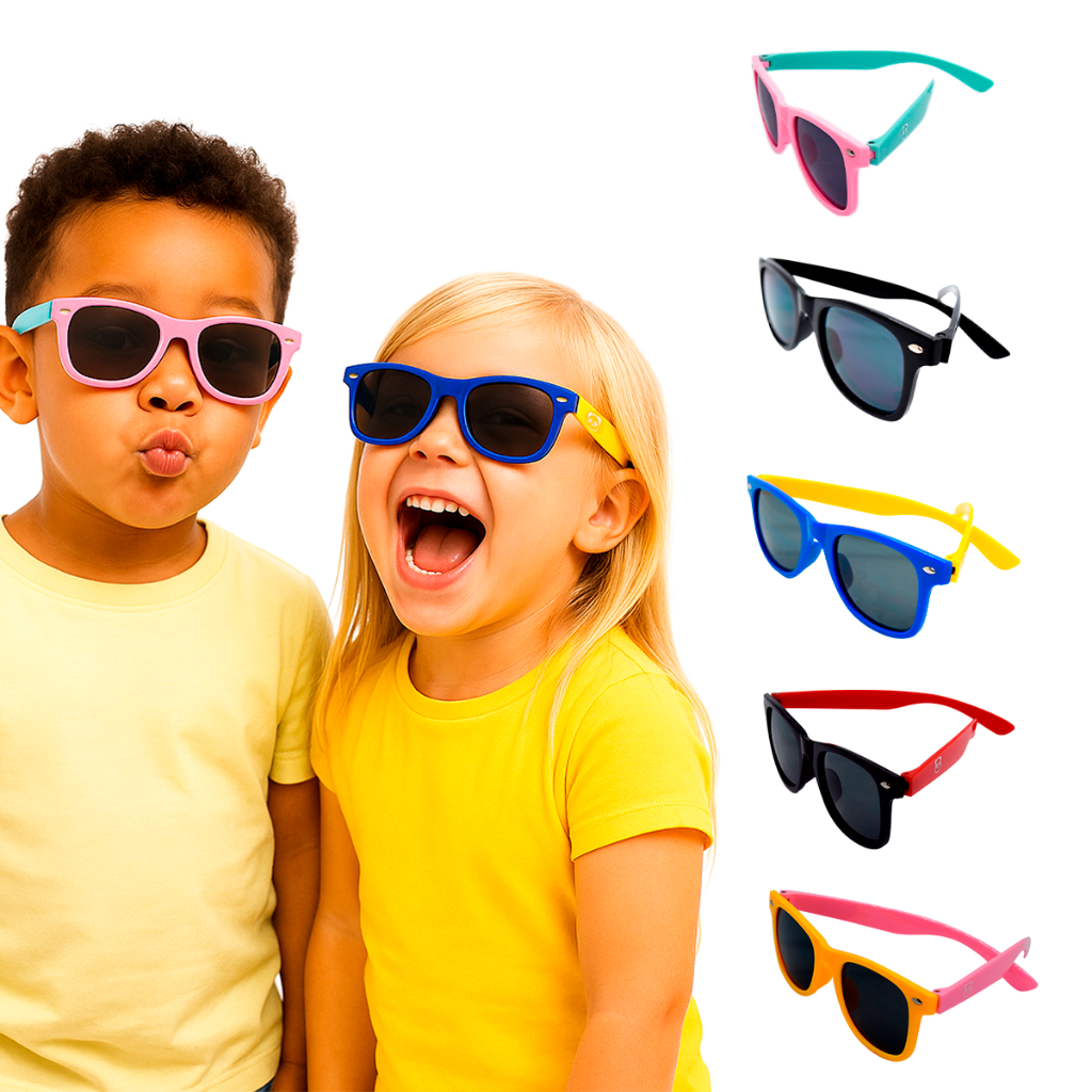 Óculos de Sol Infantil Kids Menino Menina colorido clássico Proteção UVA UVB Estojo e Lenço Limpeza