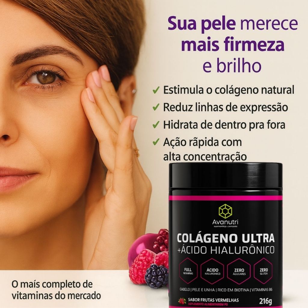 Colágeno com Ácido Hialurônico em po Completo de Vitaminas cabelo pele unha