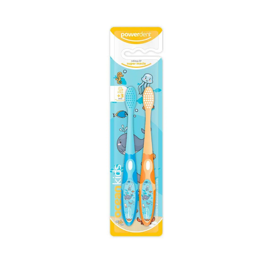 Escova de Dente Infantil Powerdent Ocean Kids 2 Unidades +3 Anos Super Macia Cabeça 37 em Oferta na Shopee