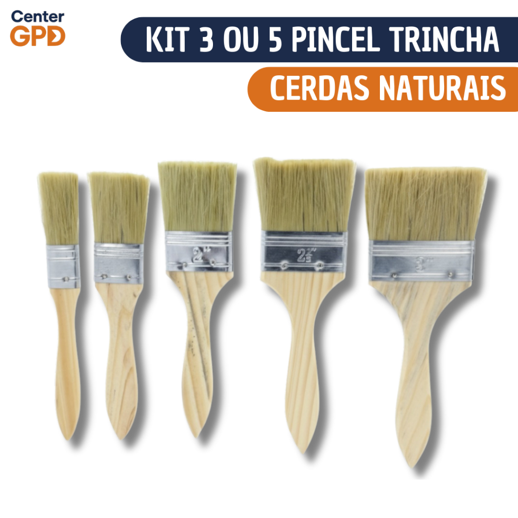 Kit 3 ou 5 Pincel Trincha de Cerdas Naturais para Tinta Pintor | Multiuso Parede Tela