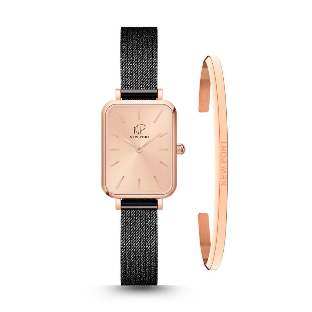 Relógio Feminino Quadrado Elegante Casual Analógico New Port + Bracelete Rosé Gold