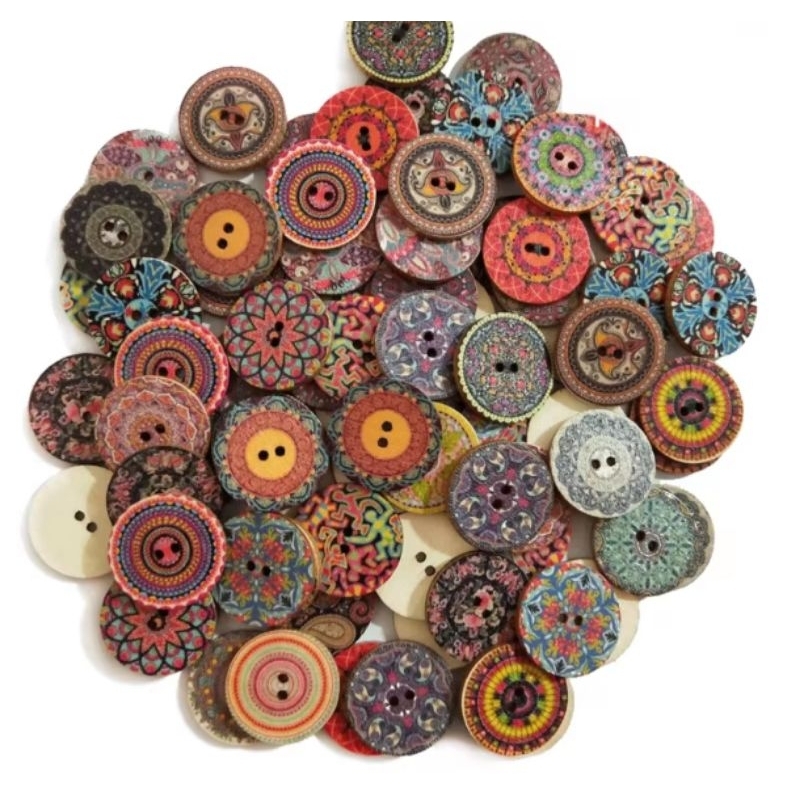 Kit Botões Decorativos Coloridos de Madeira – Estilo Étnico/Mandala Sortidos - 25mm