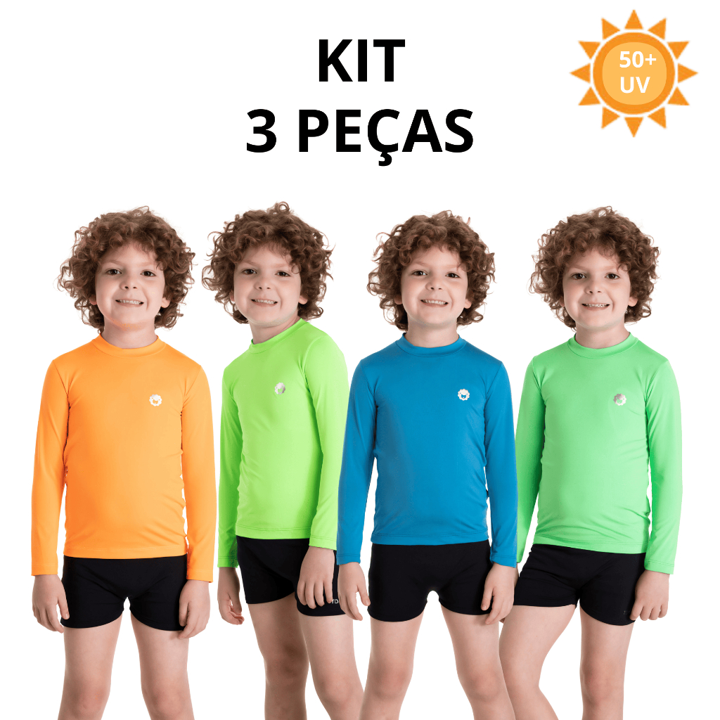 KIT 3 Camisas Proteção Solar UV50+ Infantil Térmica Menino Menina - 1 a 14 anos - Praia, Piscina, Verão