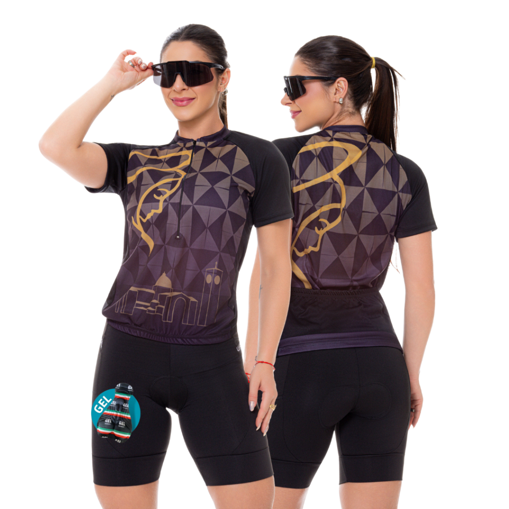 Conjunto Roupa Ciclismo Feminino Kit Camisa Ziper Parcial Bermuda Short Gel Pedalar Bike