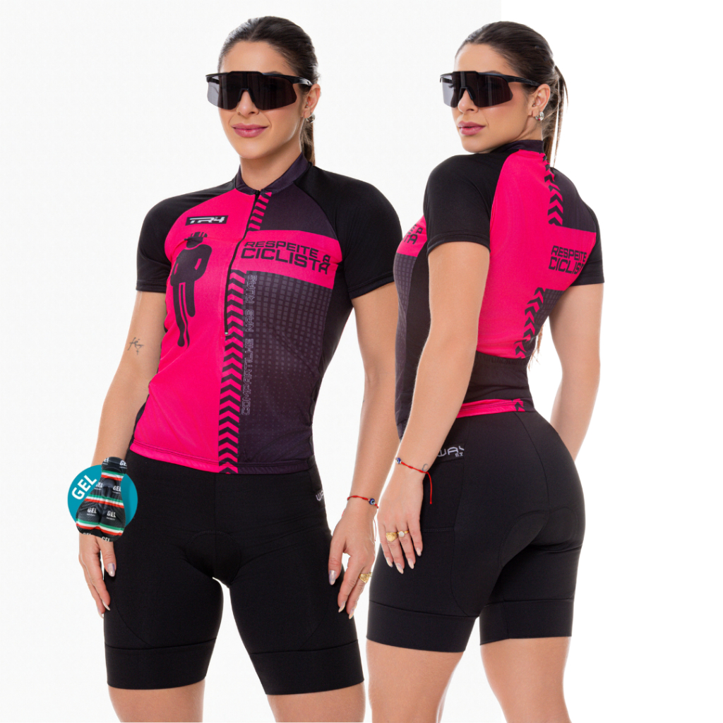 Conjunto de Ciclismo Feminino Blusa Respeite a Ciclista Pro e Bermuda de Gel