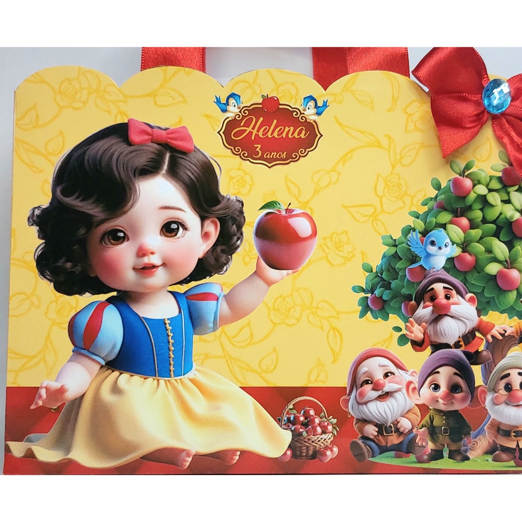 Sacolinha Branca de Neve baby tam G COM LAÇO ou COM FOTO ENVIE NOME E IDADE NO CHAT | festa | aniversario | mesversario