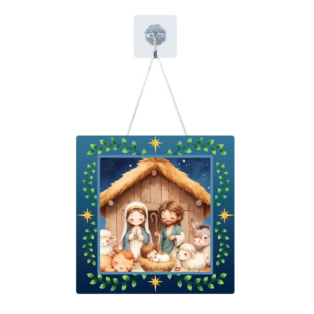 Placa Enfeite Porta Guirlanda Quadrada Decorativa MDF Adesivado Natal Papai Noel Presépio 25cm