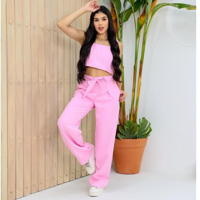 Roupa Juvenil Feminina Estilosa Conjunto Pantalona Alfaiataria e Cropped Moderno De Adolescente
