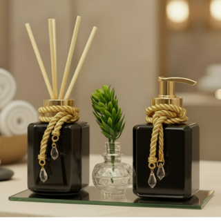 Kit  Banheiro Lavabo Completo Aromatizador de Ambiente e Sabonete Líquido (300 ml) Com Bandeja Luxo em Oferta na Shopee