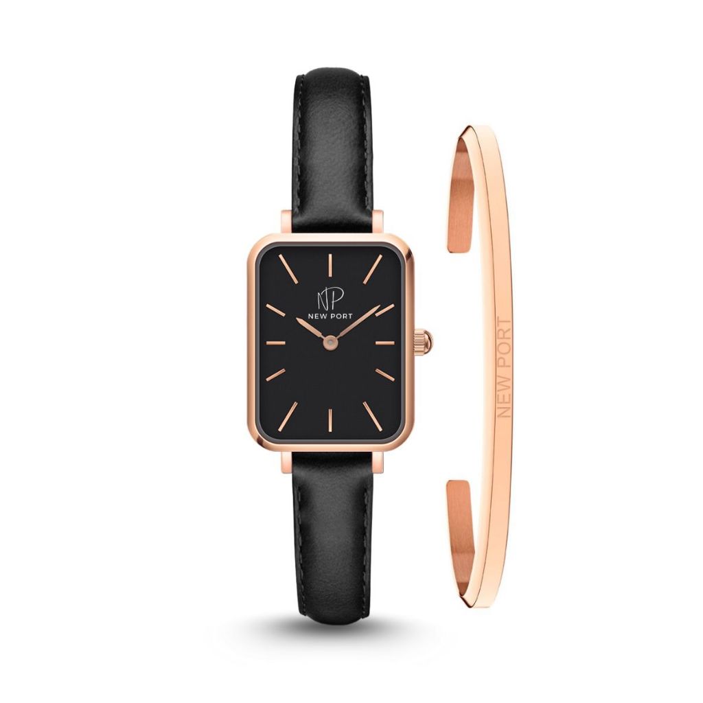 Relógio Quadrado Feminino Pulseira de Couro Minimalista Elegante Rosé + Bracelete Ajustável New Port