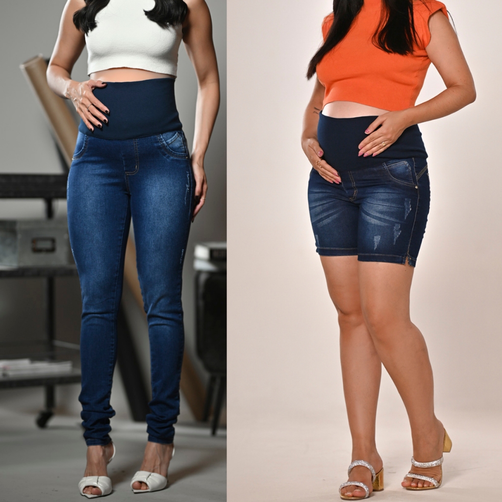 Kit Calça + Short Para Grávida Veste a gestação toda cós Adaptável c/Lycra