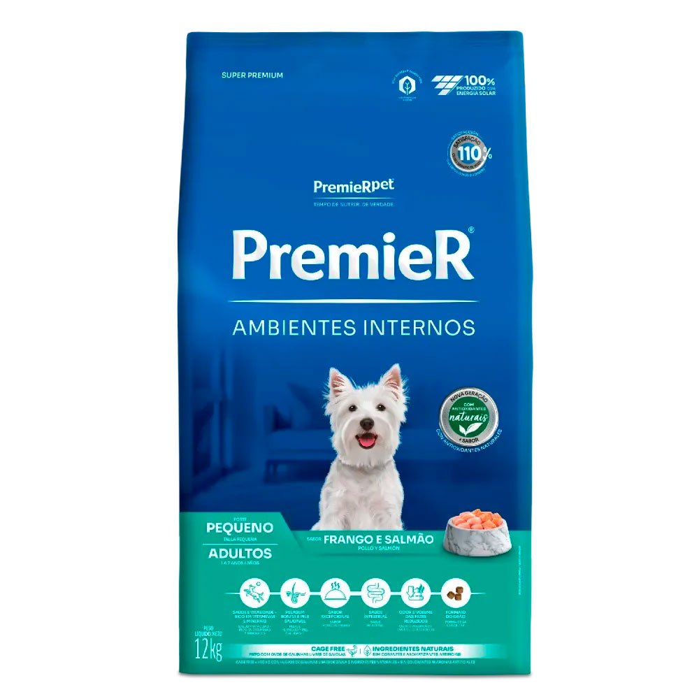 Ração Premier para Cães Ambientes Internos Adultos Raças Pequenas Frango e Salmão 12 Kg