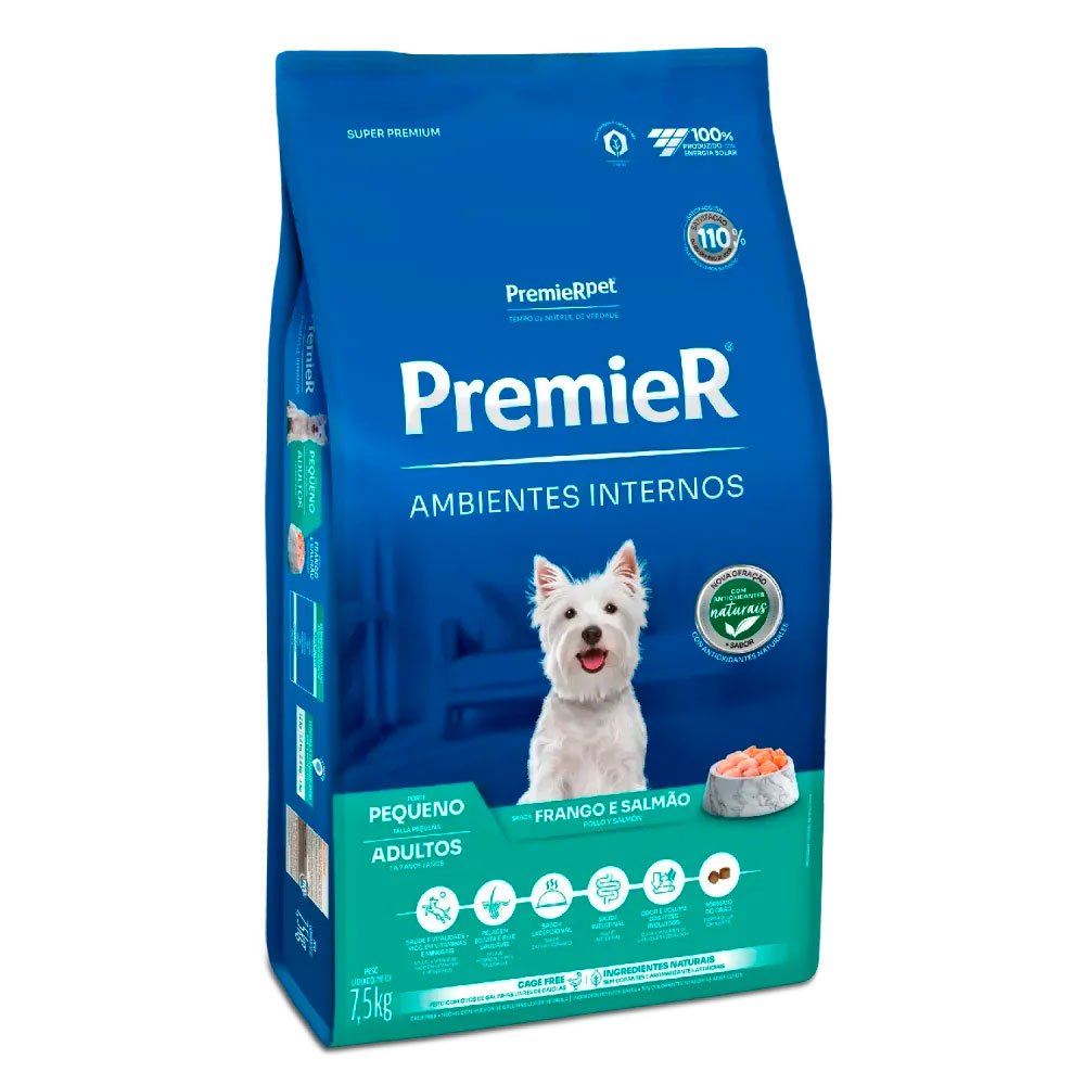 Ração Premier Ambientes Internos Cães Adultos Porte Pequeno Frango e Salmão 7,5kg