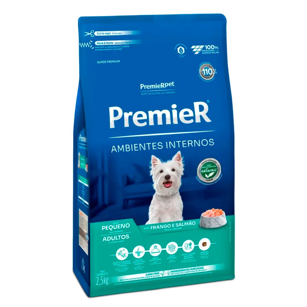Ração Premier Ambientes Internos para Cães Adultos Raças Pequenas Sabor Frango e Salmão 2,5kg