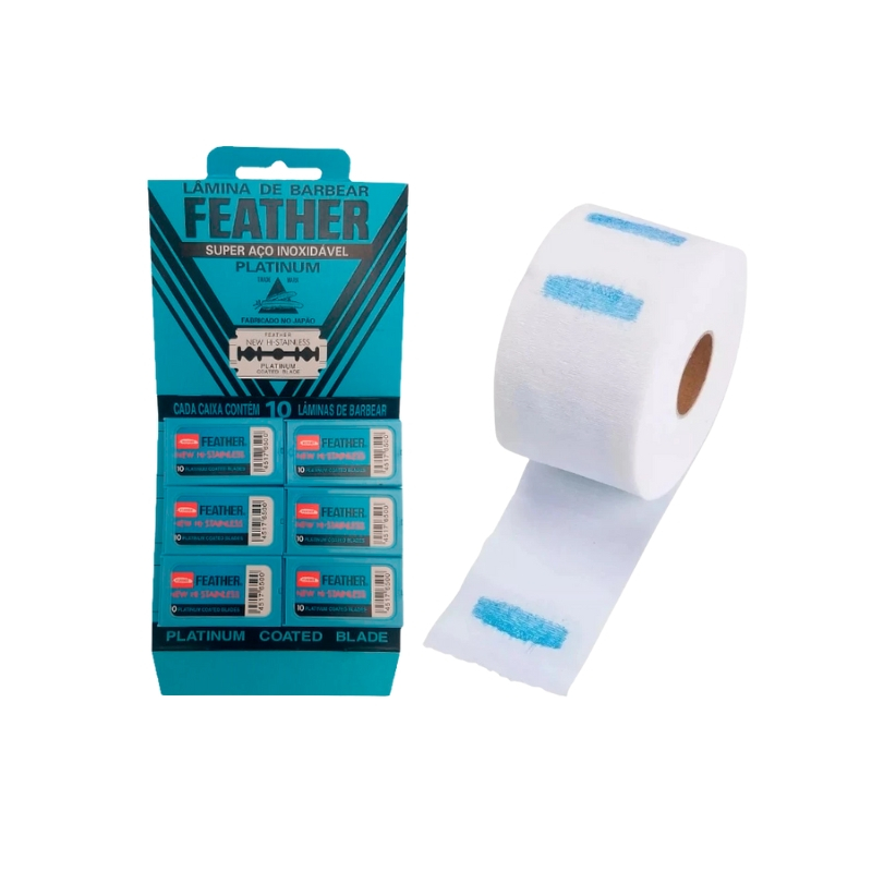 Kit Gola Higiênica Branca C/ 100 Tiras + Cartela Lâmina feather 60 Lâminas