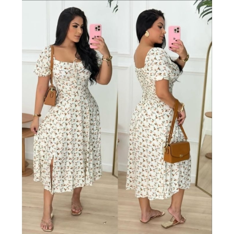 VESTIDO CAMPONESA CINTURA AJUSTÁVEL TENDÊNCIA P M G em Oferta na Shopee