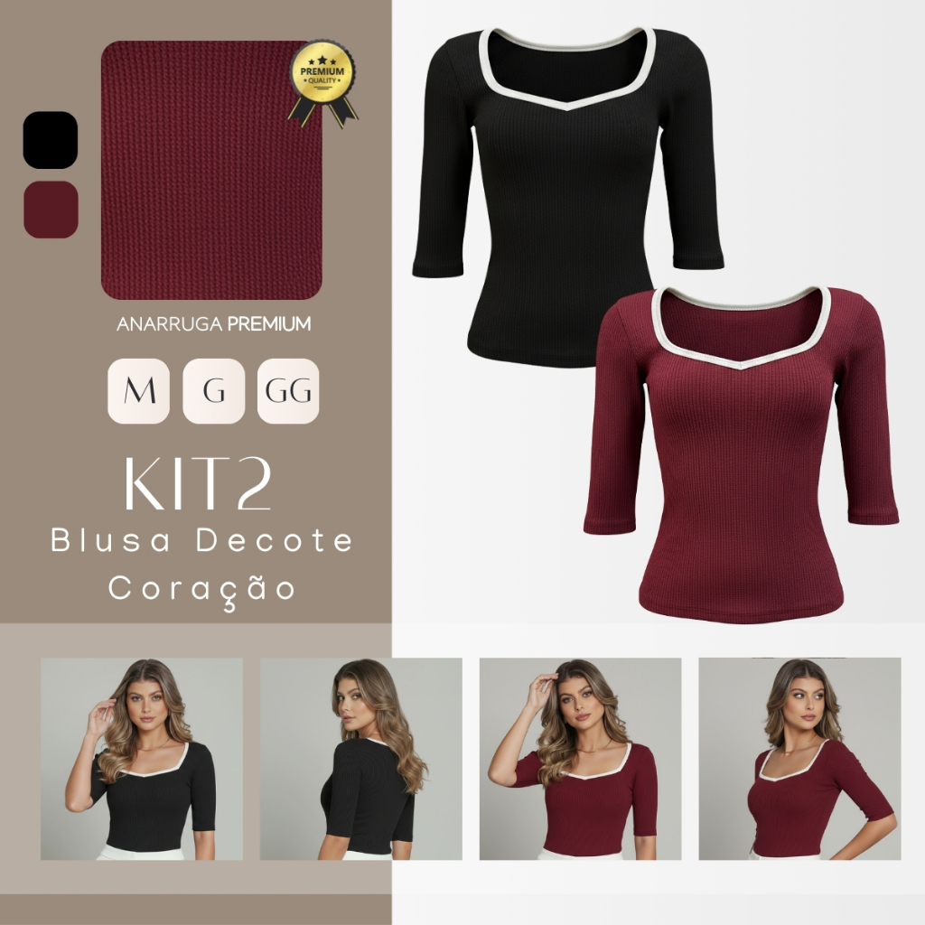 Kit C/ 02 Blusas Femininas Decote Coração Manga 3/4 M ao GG em Oferta na Shopee