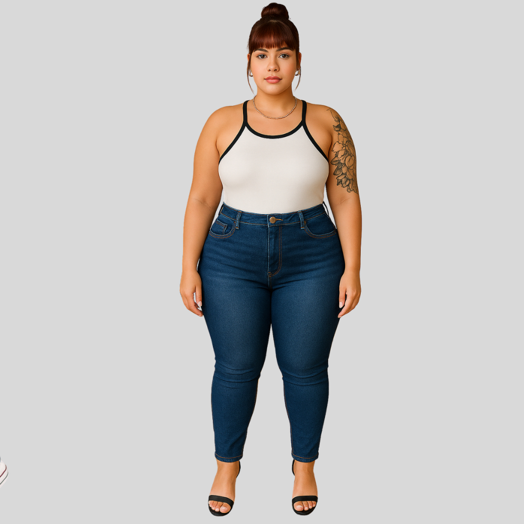 Calça Jeans Feminina Plus Size Skinny Com Lycra Cintura Alta Lavagem Escura Branca Stillger