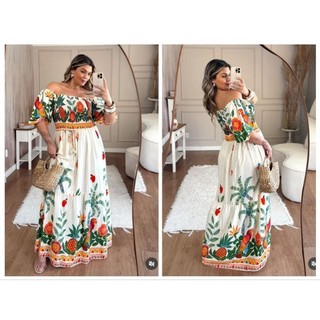 Vestido Longo Plus Size Estampado Com Manga