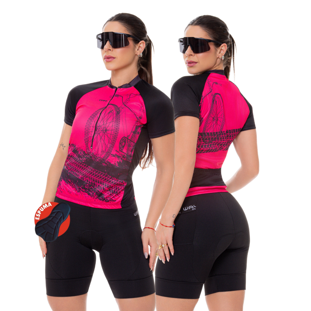Conjunto de Ciclismo Feminino Camisa Bike Roda Rosa Bermuda Espuma
