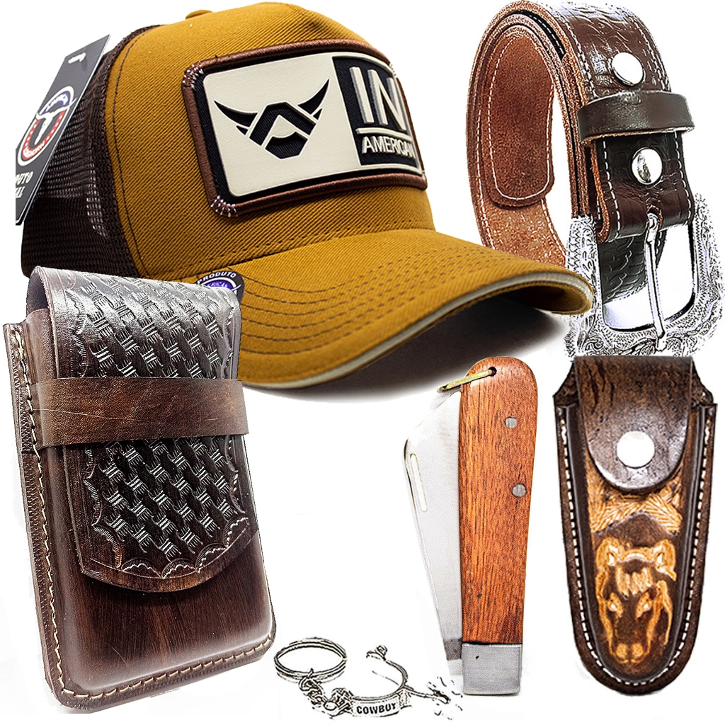 Combo Cinto Country Bone American Capinha Bainha E Canivete Luxo CV