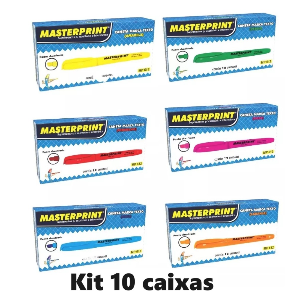 Kit 10 Caixa de Marca Texto Masterprint Cores Neon 120 Canetas em Oferta na Shopee