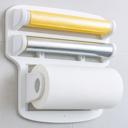 Porta Papel Toalha Filme Aluminio Triplo Suporte de Parede Rolos de Cozinha 3 em 1