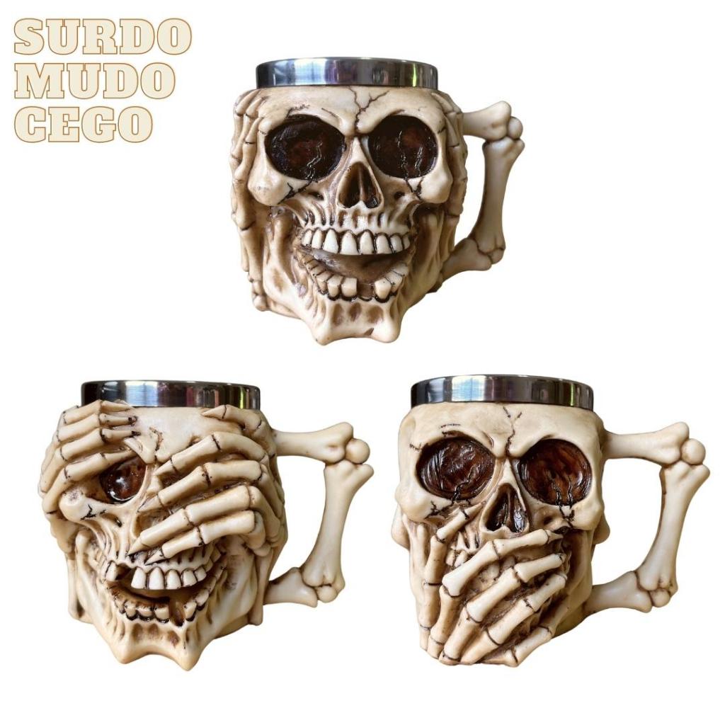 Caneca com Alça Caveira Viking Copo Choop Cerveja Crânio Rock Festa Decoração Presente 450ml