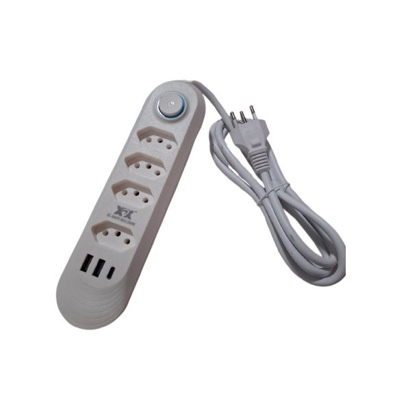 Extensão Cabo 2 Metros 4 Tomadas 2 USB E 1 Tipo C Bivolt Cor Branco