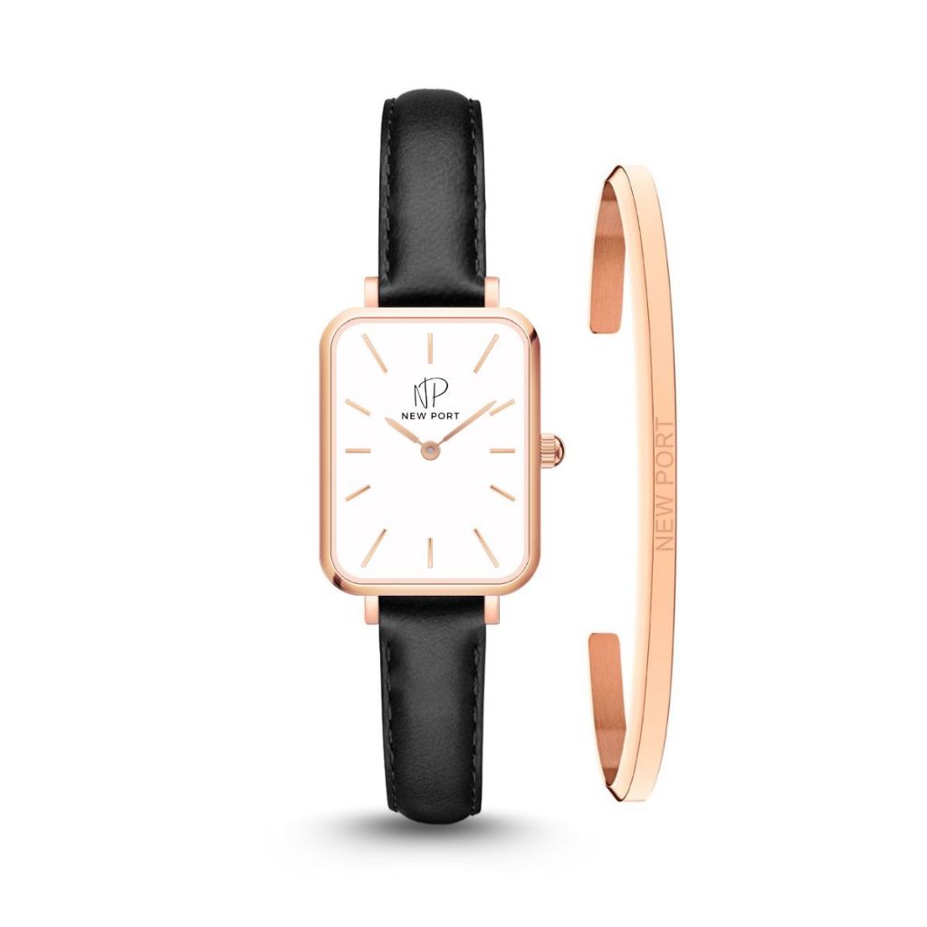 Relógio Feminino Quadrado Pulseira de Couro Preto Delicado Casual + Bracelete New Port