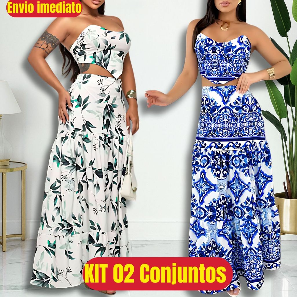 Conjunto Feminino blusa feminina estilosa Saia Longa Rodada Estampado Floral Farm Elegante...