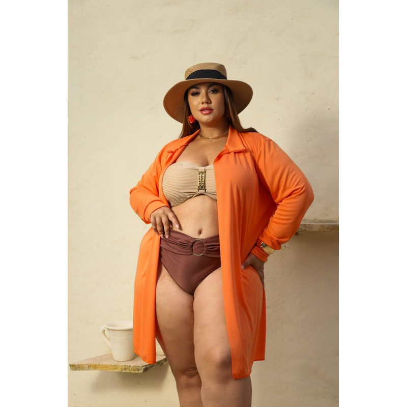 Saída de Praia Plus Size Sem Botão Chemise Camisão Kimono Manga Longa em Oferta na Shopee