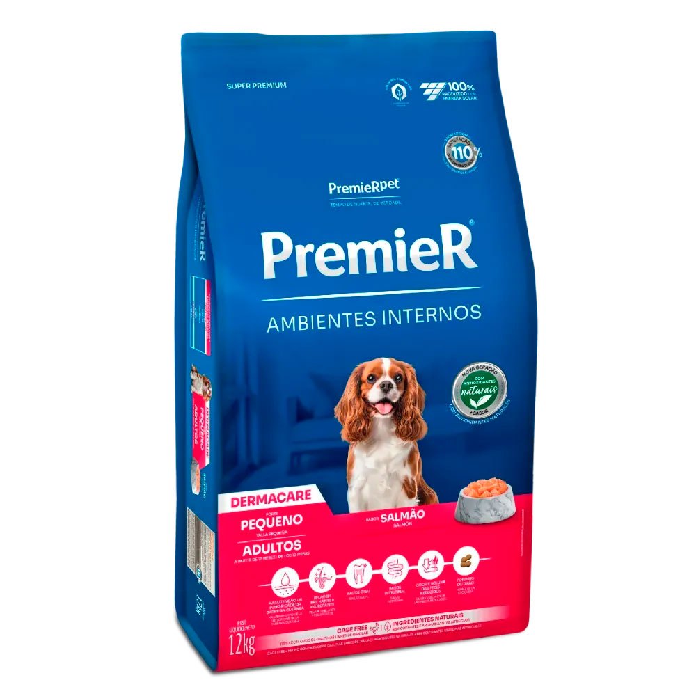 Ração Premier Ambientes Internos Dermacare Cães Adultos Raças Pequenas Salmão 12kg em Oferta na Shopee
