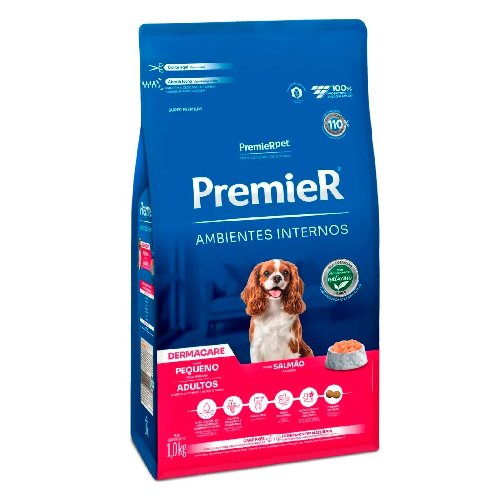 Ração Premier Ambientes Internos Dermacare Cães Adultos Raças Pequenas Salmão 1kg
