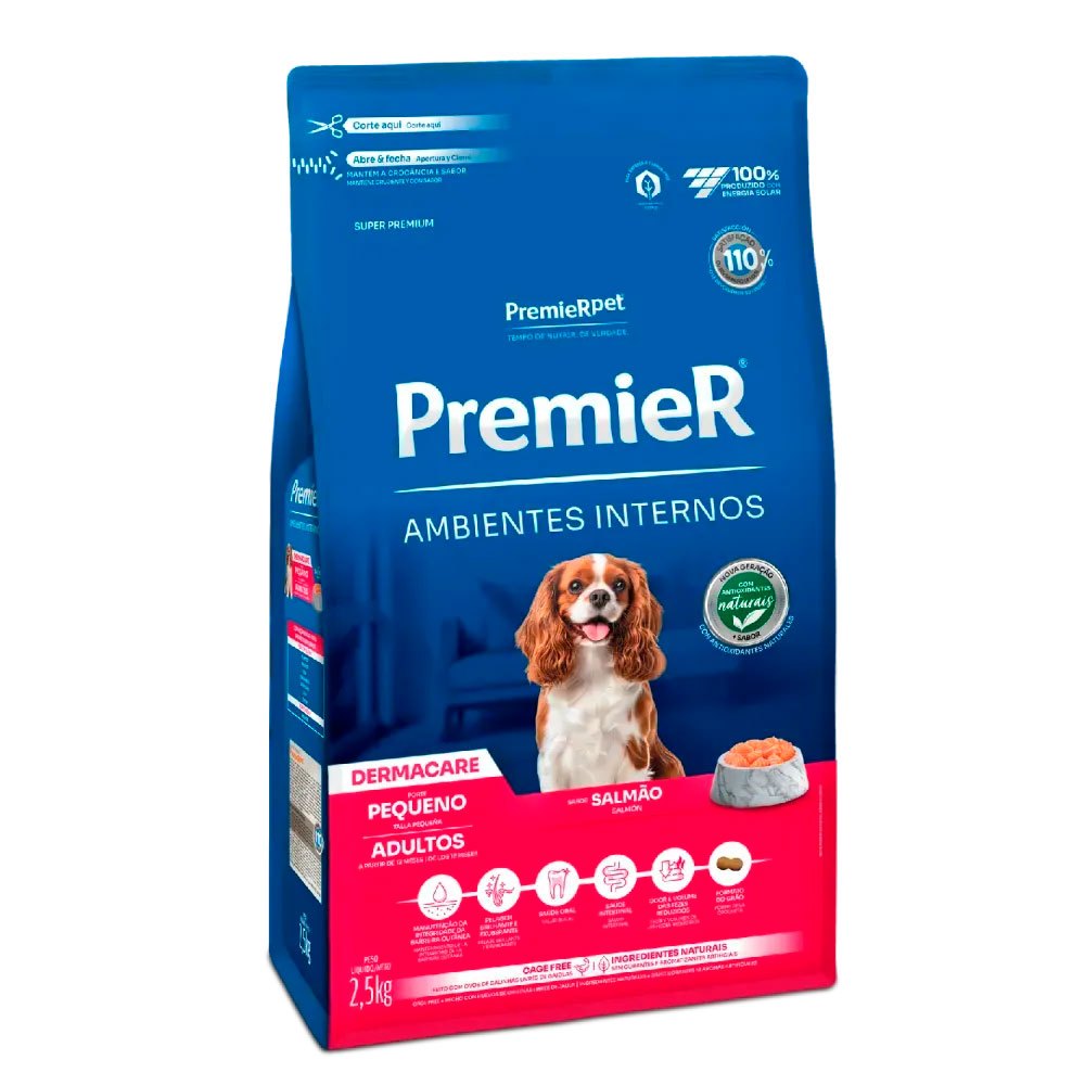 Ração Premier Ambientes Internos Dermacare Cães Adultos Raças Pequenas Salmão 2,5kg